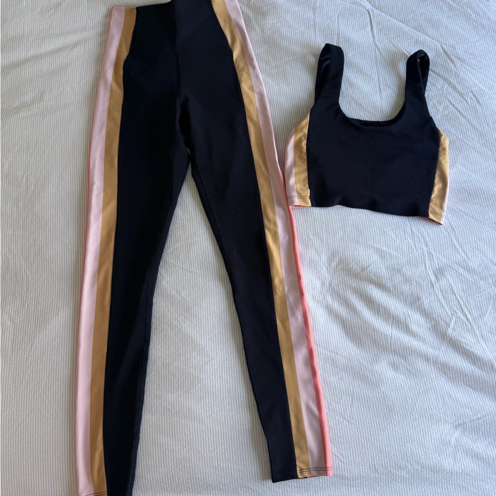 Beach Riot Black Leggings & Crop Top with Pink and Gold Stripes
